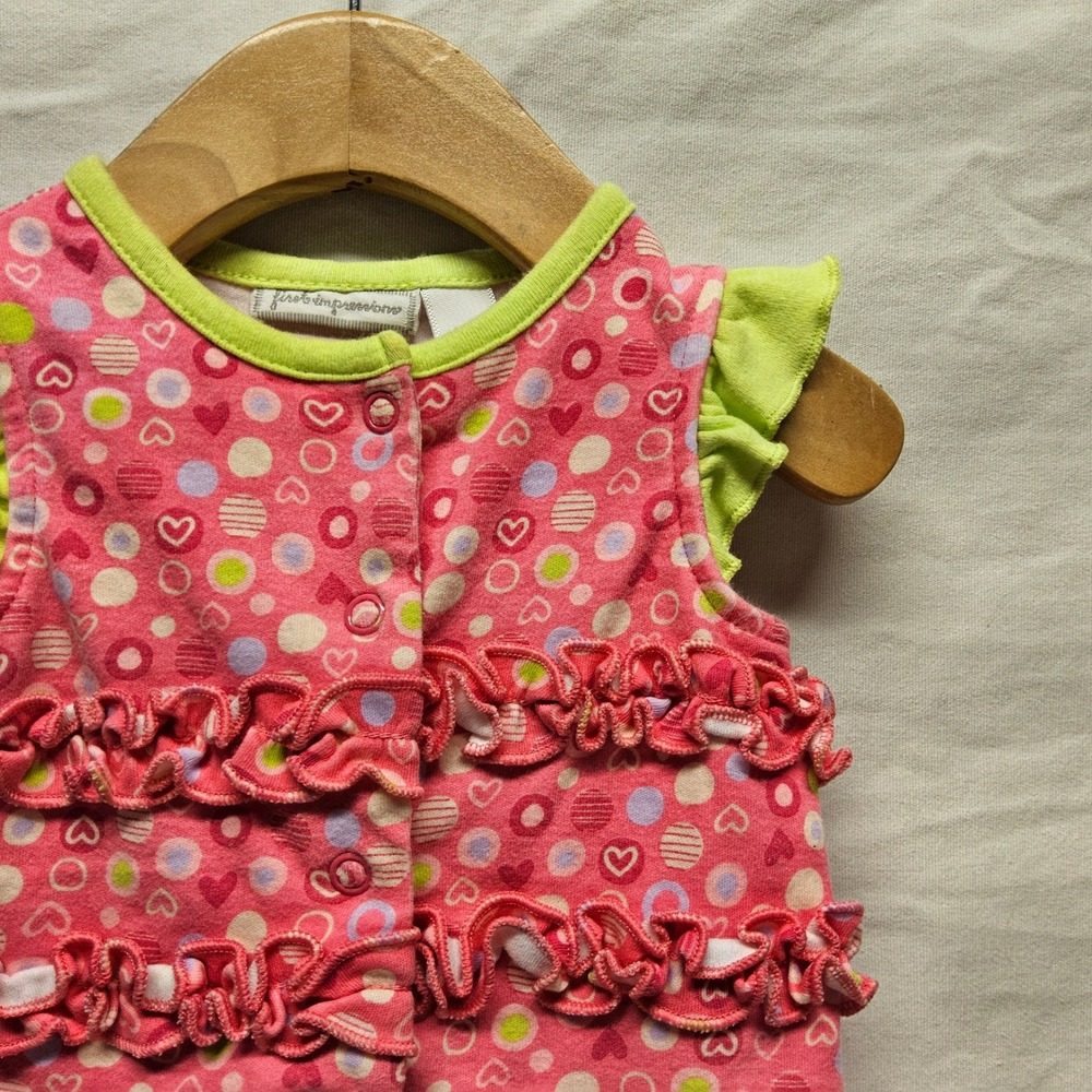 First Impressions Ruffle Bodysuit Baby Girl 0-3M Pink Green Heart Polka Dot Snap